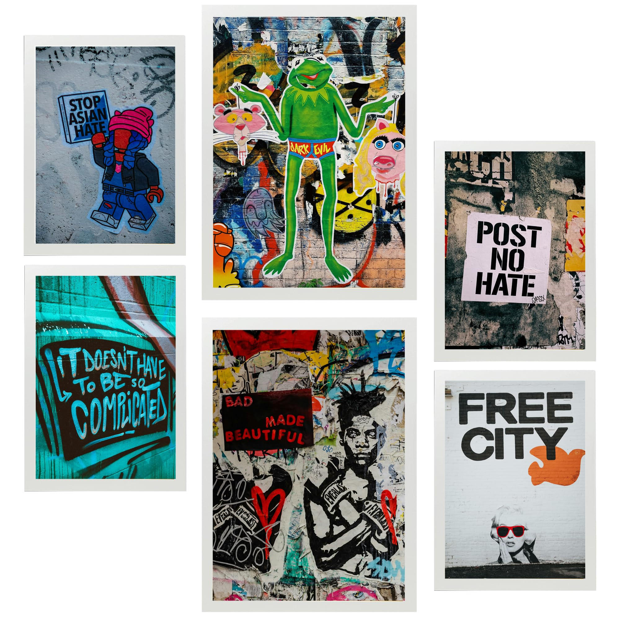 POSTER Set Mit 6 Graffiti Straßenkunst Wandschablonenanspruch A3 & A4 Weißer Rahmen - Weiß, Papier (29/3cm) - Nacnic