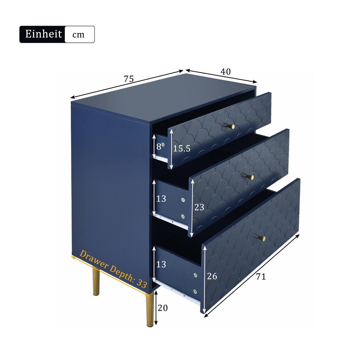 KOMMODE aus Holz und Metall 75x40x89 cm Marineblau mit 3 Schubladen und Fischschuppenmuster - Dunkelblau, Holzwerkstoff (75/89/40cm) - Modfu