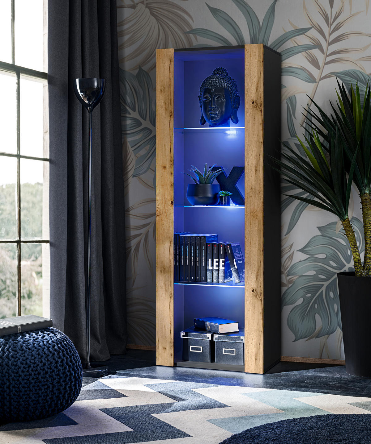 VITRINE TIVOLI, Schwarz + Eiche Wotan, LED Blau - Eiche Wotan/Schwarz, Glas/Holzwerkstoff (55/159/35cm) - Komodee