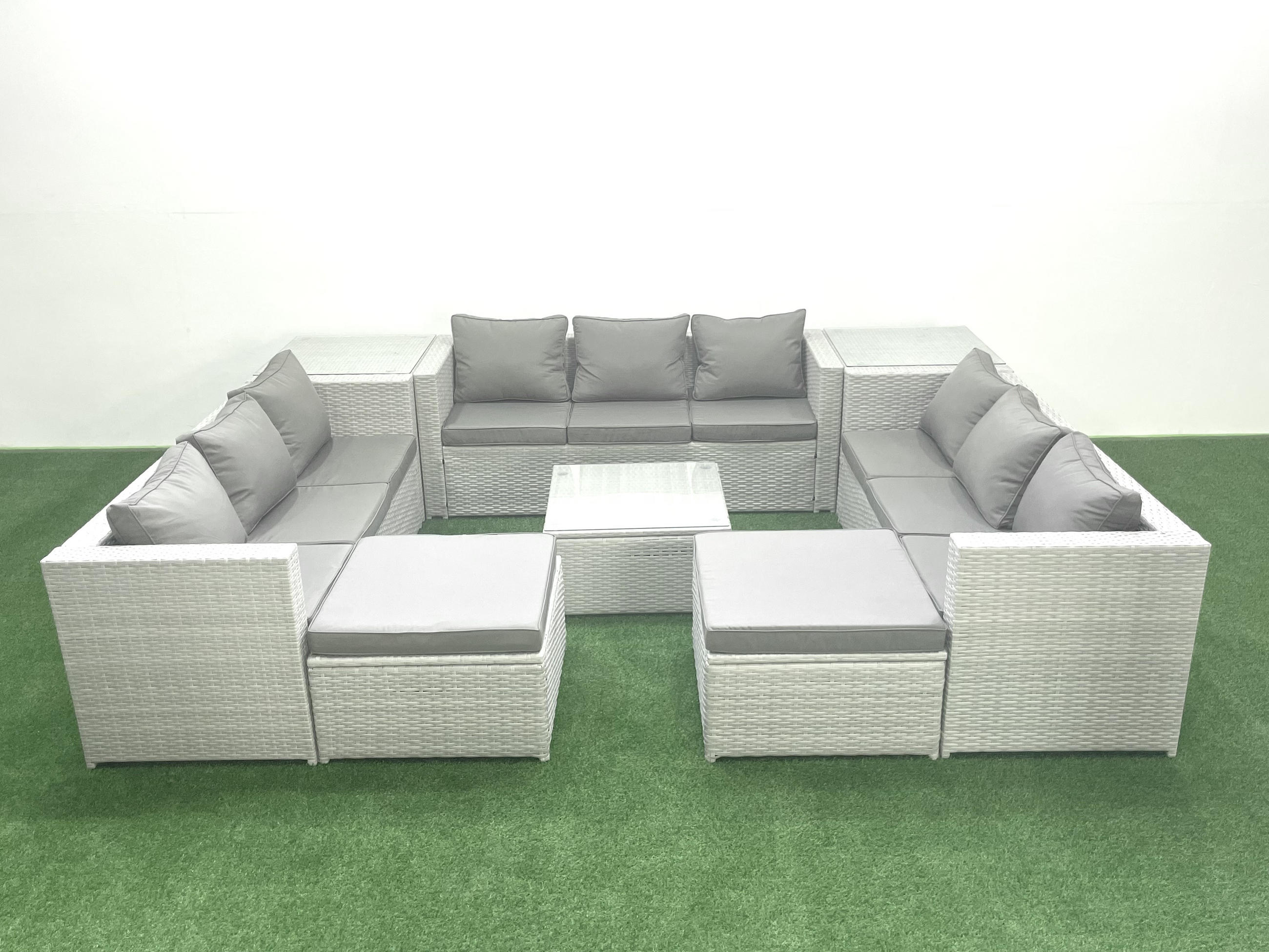 GARTENMÖBELSET mit 3-SITZER SOFA,COUCHTISCH Polyrattan Hellgrau-Mix 11-Sitzer - Hellgrau/Grau, Glas/Kunststoff - Fimous