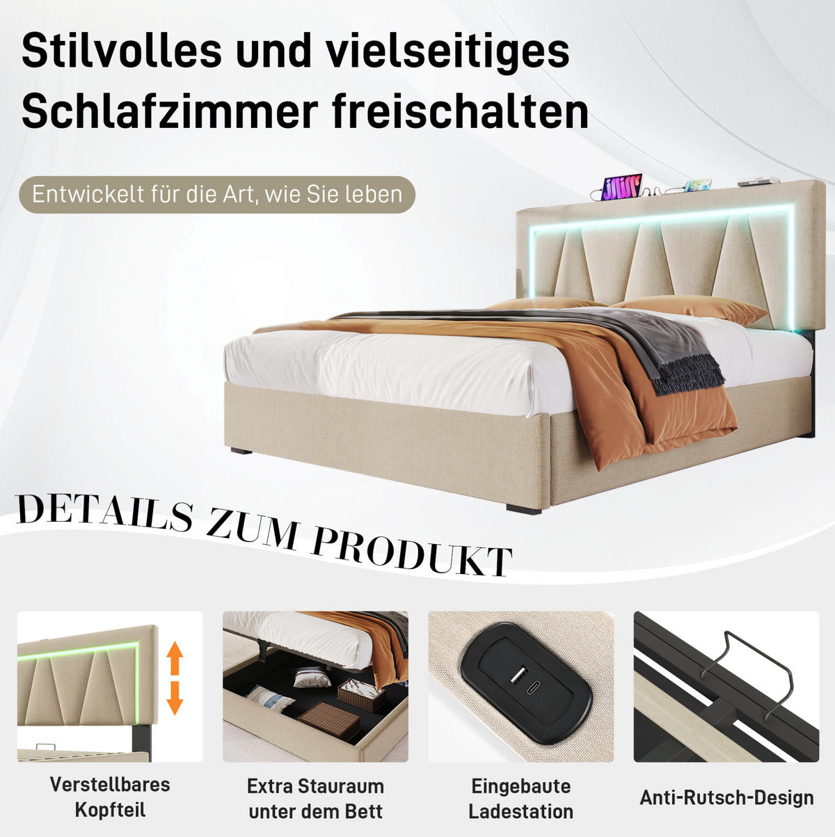 POLSTERBETT 160/200 cm Beige aus Leinenmaterial mit Stauraum - Beige, Textil (160/200cm) - OKMYHOME