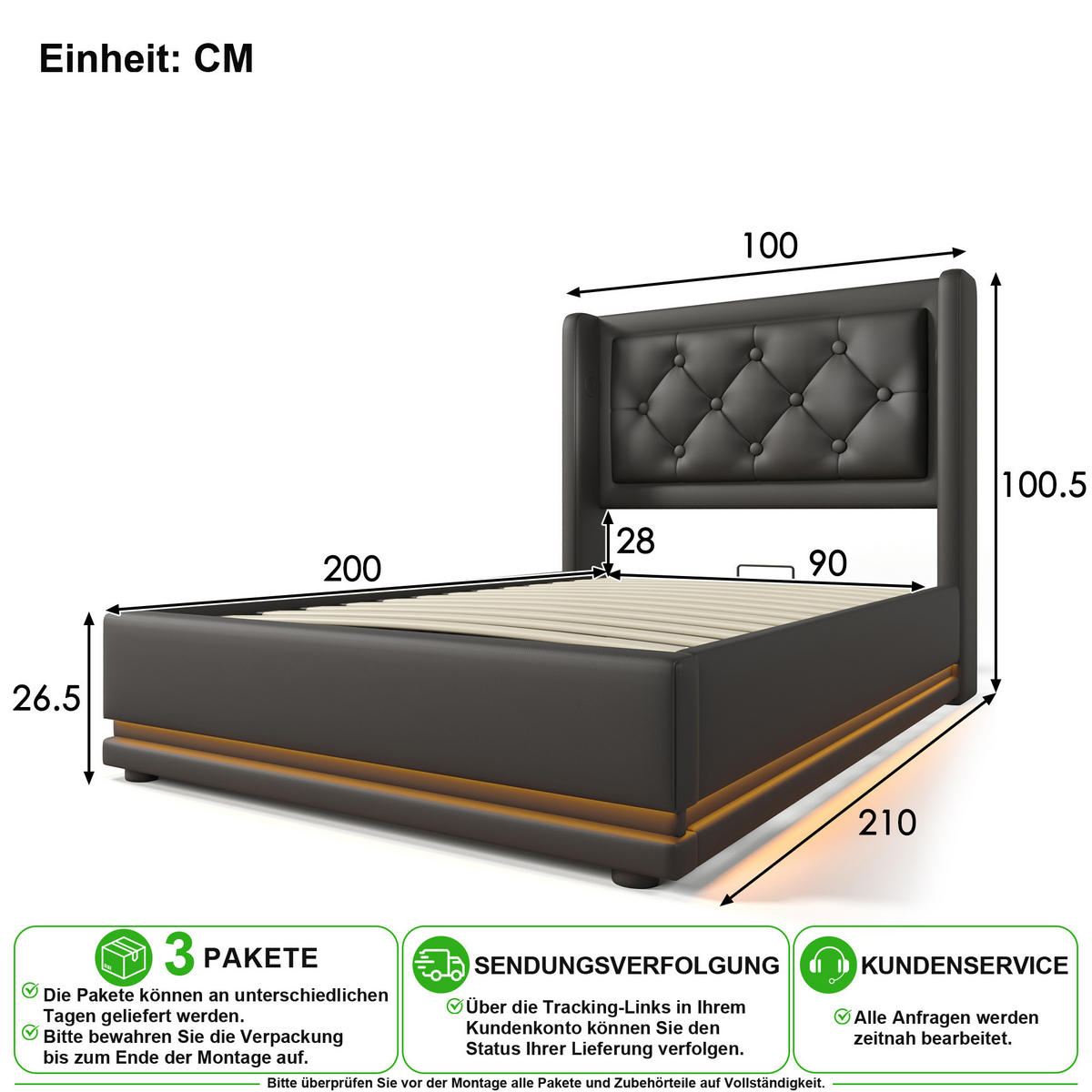 POLSTERBETT 90/200 cm in Schwarz mit Bettkasten, LED, USB und Matratze - Schwarz, Holzwerkstoff/Textil (90/200cm) - CHICFURN