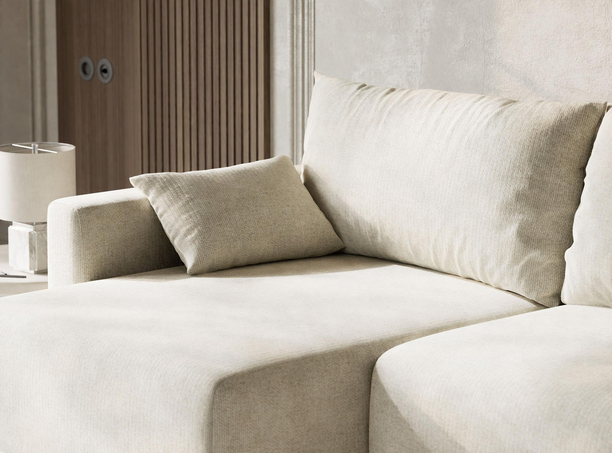 ECKSOFA MIT SCHLAFFUNKTION Leon Creme Chenille-Stoff - Creme/Schwarz, Holz/Holzwerkstoff (148/239cm) - Maison de Reve