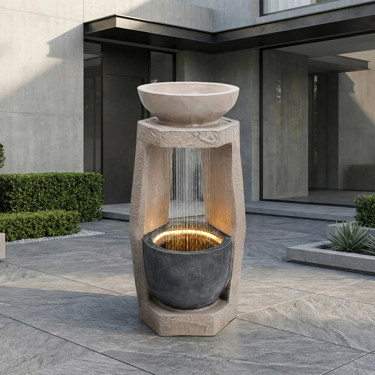 GARTENBRUNNEN, LED-Beleuchtung, Kunststein, Wasserspiel, Beige - Beige, Naturmaterialien (36.5/36/81.5cm) - FLIEKS