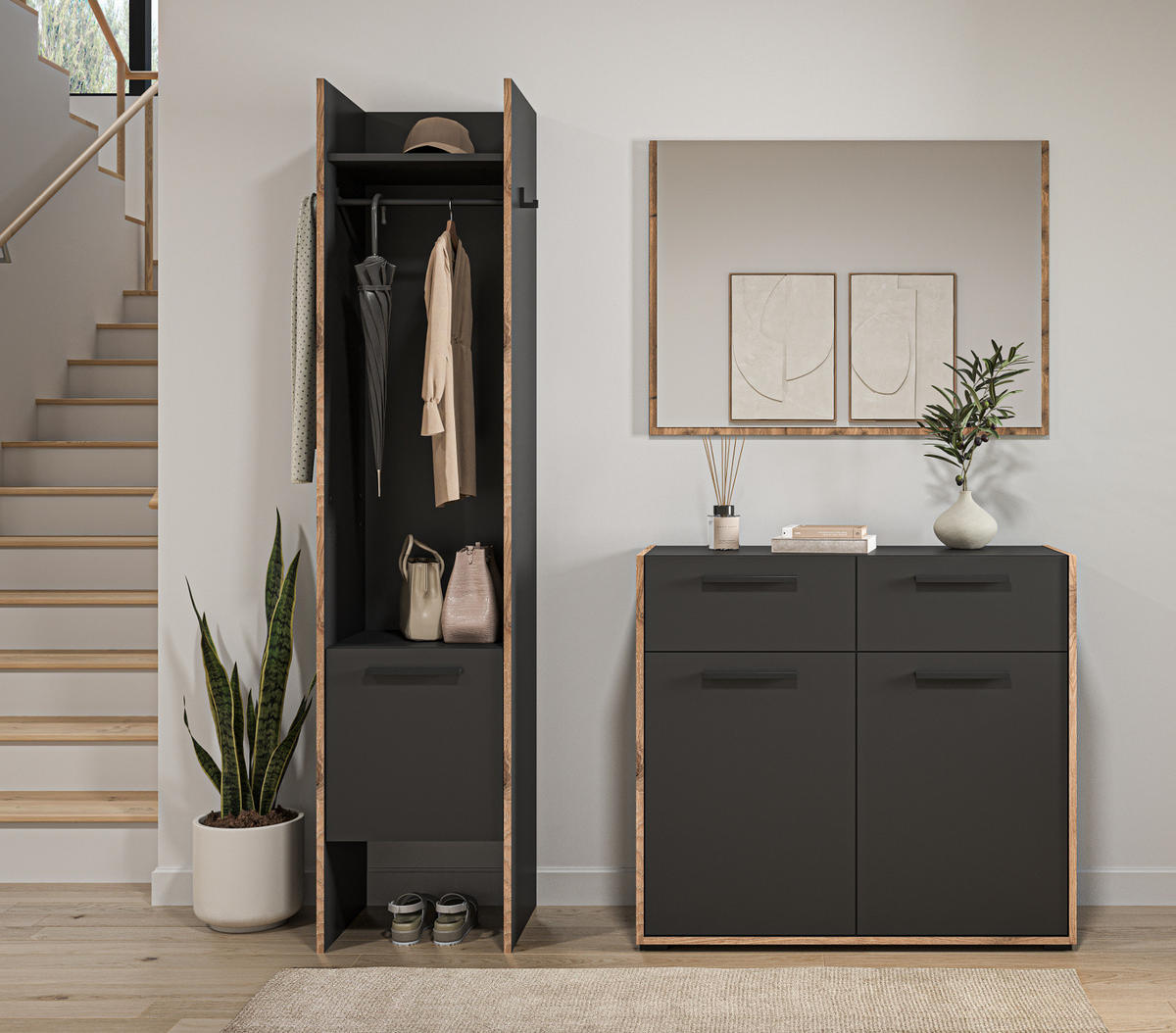 GARDEROBE-SET grau und Nox Eiche, Garderobenkombination 3-teilig, 152 x 189 cm, Salud - Dunkelgrau/Eichefarben, Holzwerkstoff/Kunststoff (152/189/37cm) - Inn.Furn