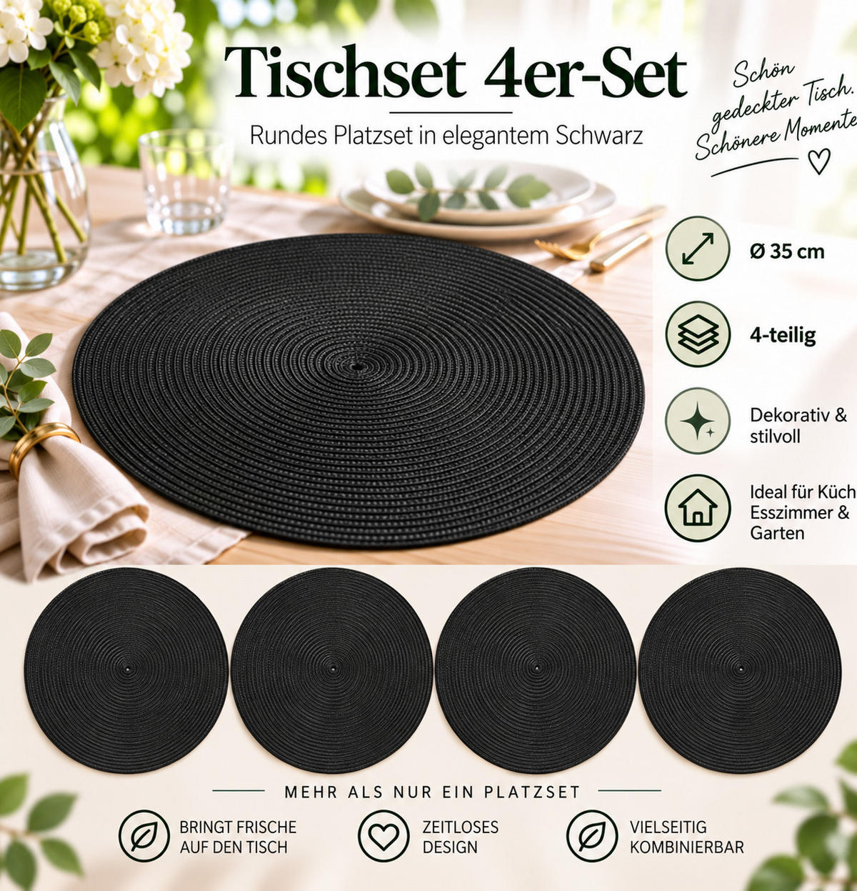 PLATZSET 4er Set Polypro Schwarz 35 cm rund - Schwarz, Kunststoff (35cm) - TiborTex