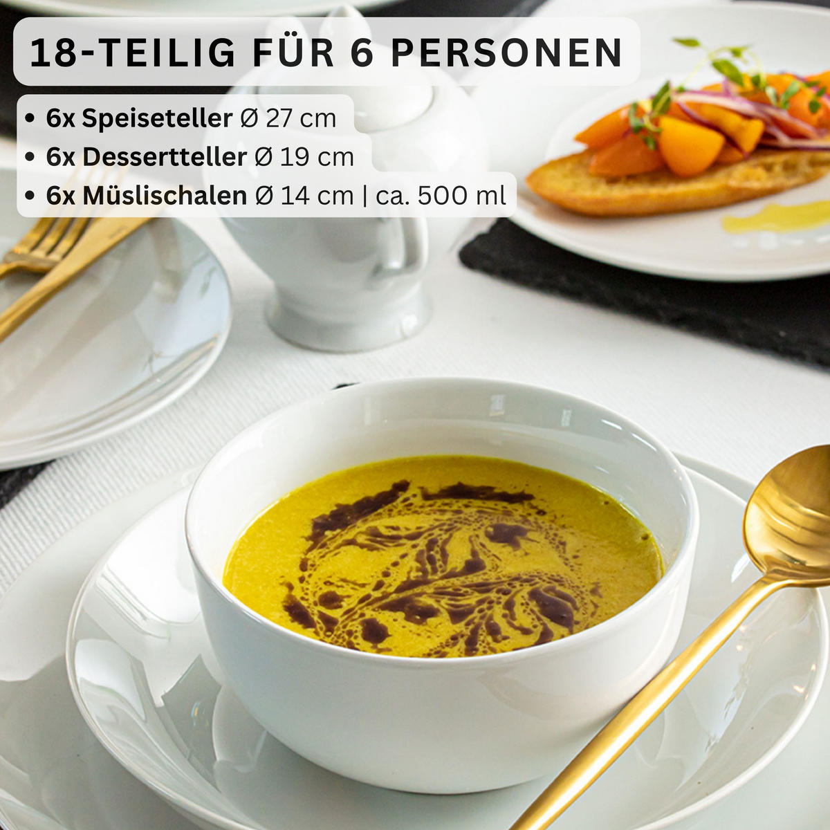 PORZELLAN Geschirrset New Port, Tafelservice 18 teilig für 6 Personen mit Müslischalen - Weiß, Keramik (33/33/34cm) - Sänger