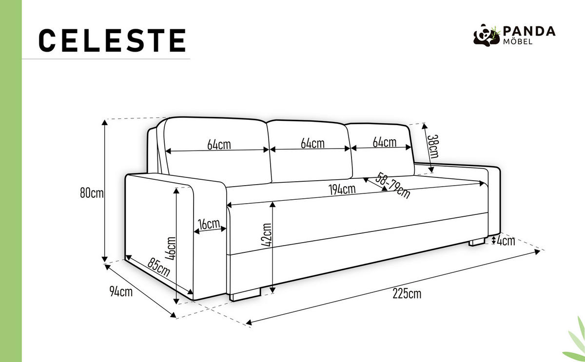 SCHLAFSOFA Celeste 3-Sitzer 3 kissen gratis, Anthrazit - Anthrazit, Holz (225/80/94cm) - Panda Möbel
