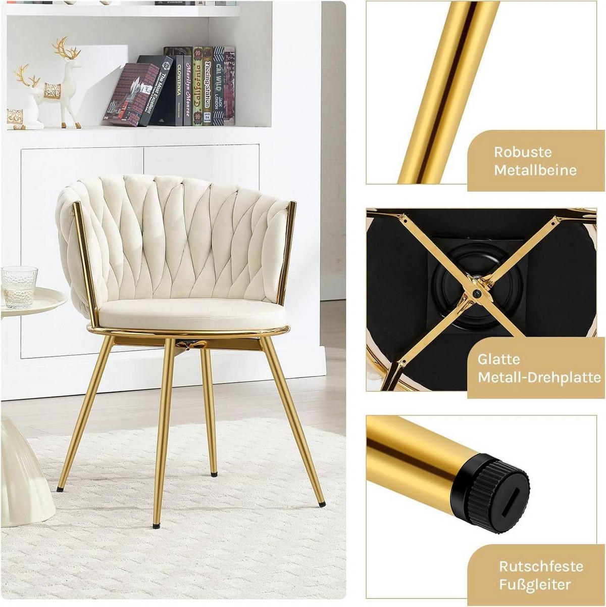 ESSZIMMERSTUHL 2er Set, drehbar, Samt, Beige - Beige/Goldfarben, Textil/Metall (60.5/78/59.5cm) - Woltu
