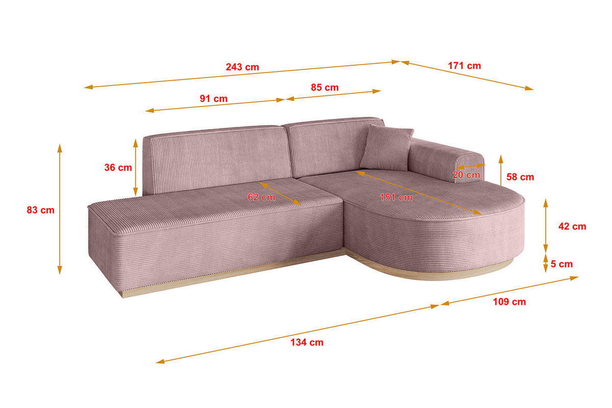 ROHOVÁ SEDAČKA s otomanem, pravá ARRIO-L1 243x171x83 Růžová Manšestr - růžová/černá, kompozitní dřevo/textil (243/171cm) - ALTDECOR