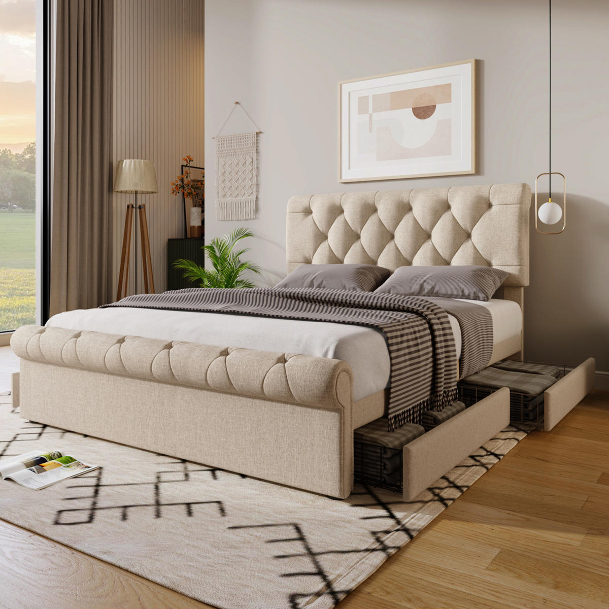 POLSTERBETT 140/200 cm Natur mit 4 Schubladen und höhenverstellbarem Kopfteil - Naturfarben, Metall (140/200cm) - OKWISH