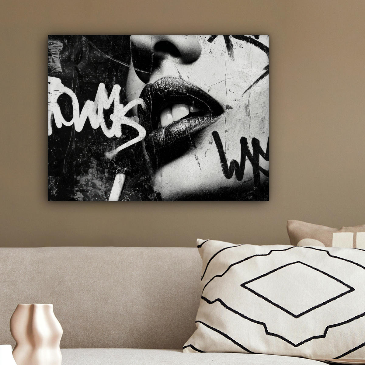 LEINWANDBILD Gesicht - Mund - Graffiti - Schwarz Wandbild 40x30 cm - Schwarz, Textil (40/30cm) - MuchoWow