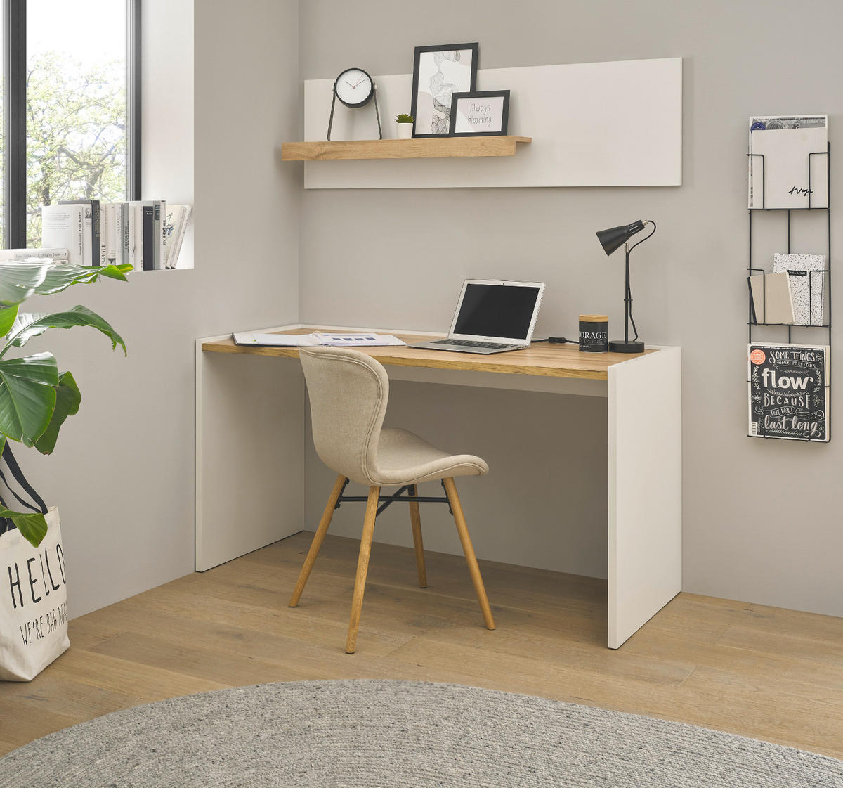 SCHREIBTISCH weiß matt, Eiche Wotan 143 x 62 cm, Laptoptisch mit großer Arbeitsfläche - Silberfarben/Eiche Wotan, Holzwerkstoff/Kunststoff (143/62/76cm) - Furn.Design