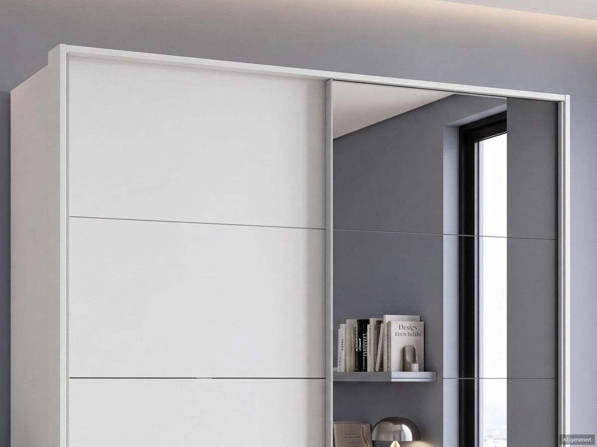 SCHWEBETÜRENSCHRANK 2-türig B183/H200/T65 cm, Passepartout-Kleiderschrank in Weiß, 1x Tür & sichtbare Schubkästen in Grafit mit Spiegel / 22710 - Alufarben/Graphitfarben, Holz/Holzwerkstoff (183/200/65cm) - luma-home