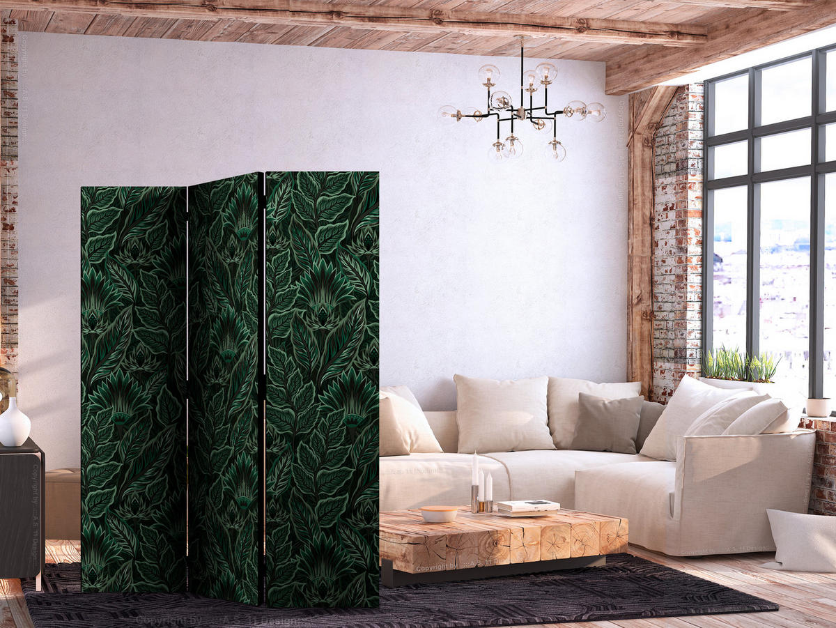 PARAVENT Beidseitig Bedruckter 3-tlg 135x172 cm Gr ne Bl tter - Grün, Holz/Textil (135/172/3cm) - Muralo