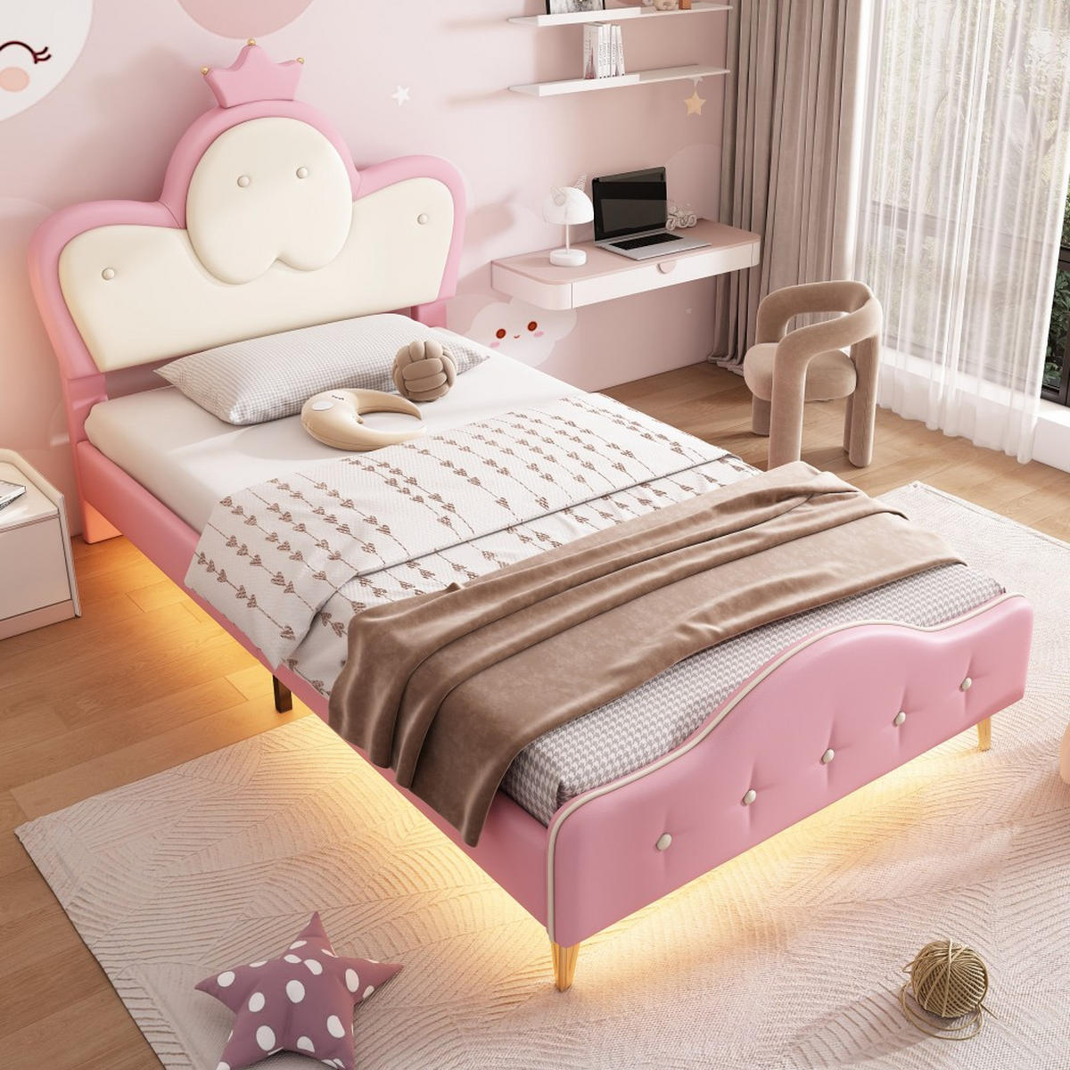 KINDERBETT 90x200cm in Rosa PU mit Monochromer LED-Streifen - Pink, Holz (90/200cm) - KOMHTOM