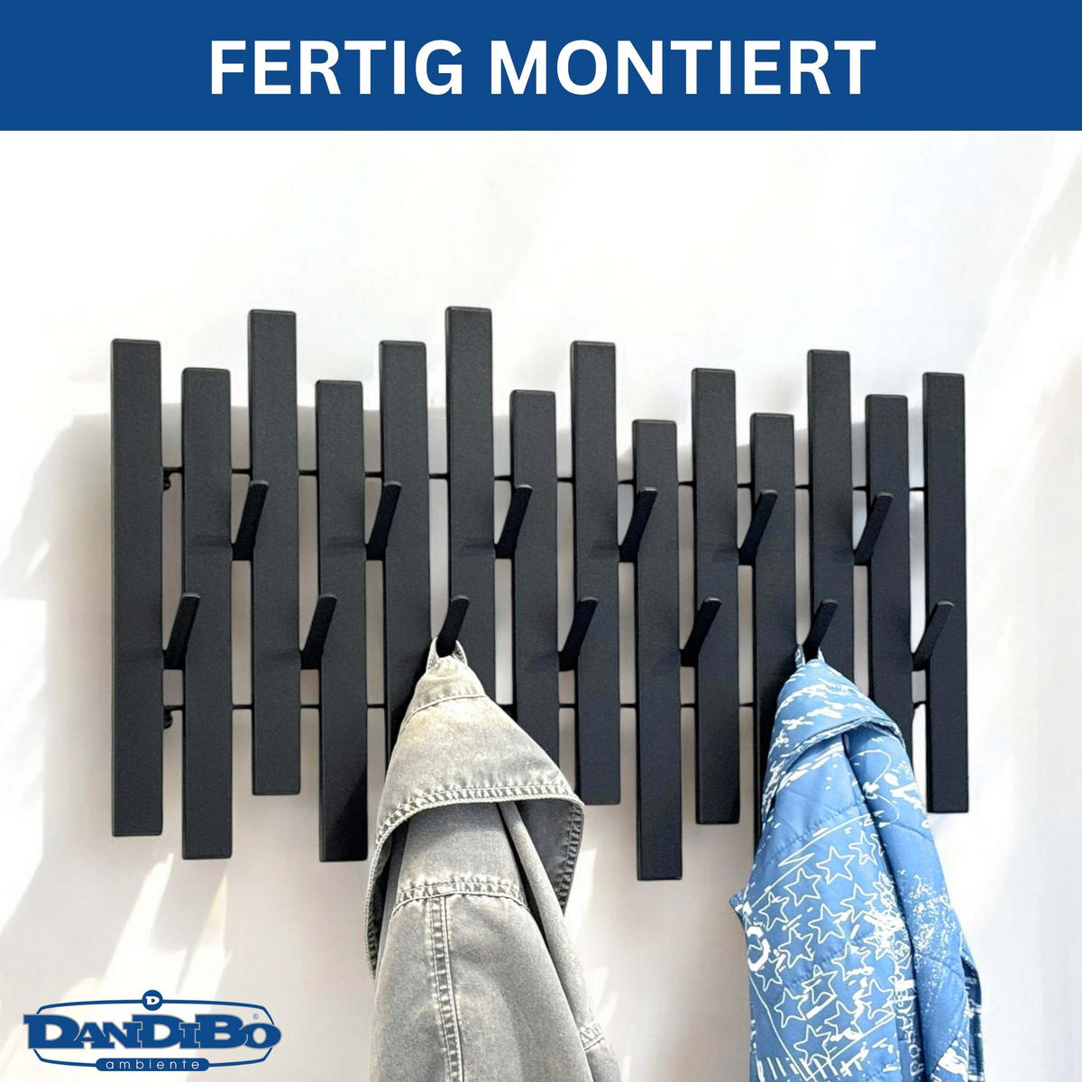WANDGARDEROBE Schwarz Metall mit 13 Haken - Schwarz, Metall (58/38/6cm) - DanDiBo