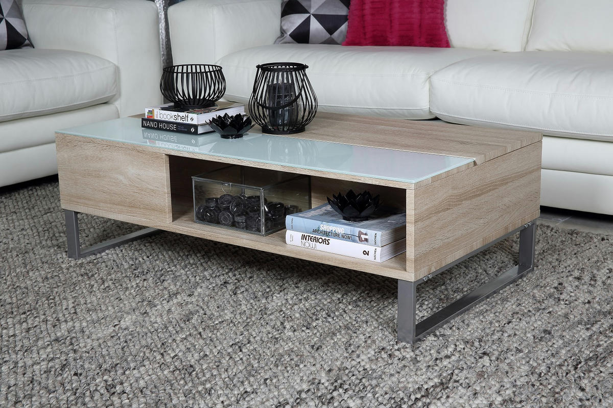 COUCHTISCH Eiche Dekor mit weißer Glasplatte - Eichefarben, Holzwerkstoff (60/110/35cm) - ebuy24