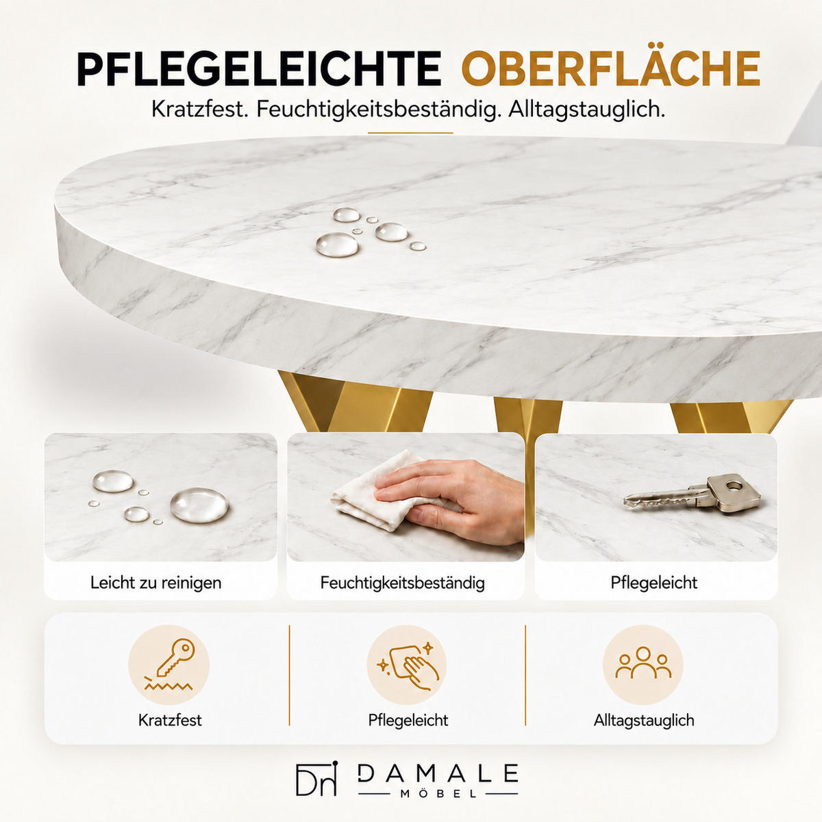 ESSTISCH rund ausziehbar 90/190/76 cm, Marmor, 54 cm Tischplatte + Lamellen-Metallgestell Gold - Goldfarben/Hellgrau, Holzwerkstoff/Metall (90/190/76cm) - Damale Möbel