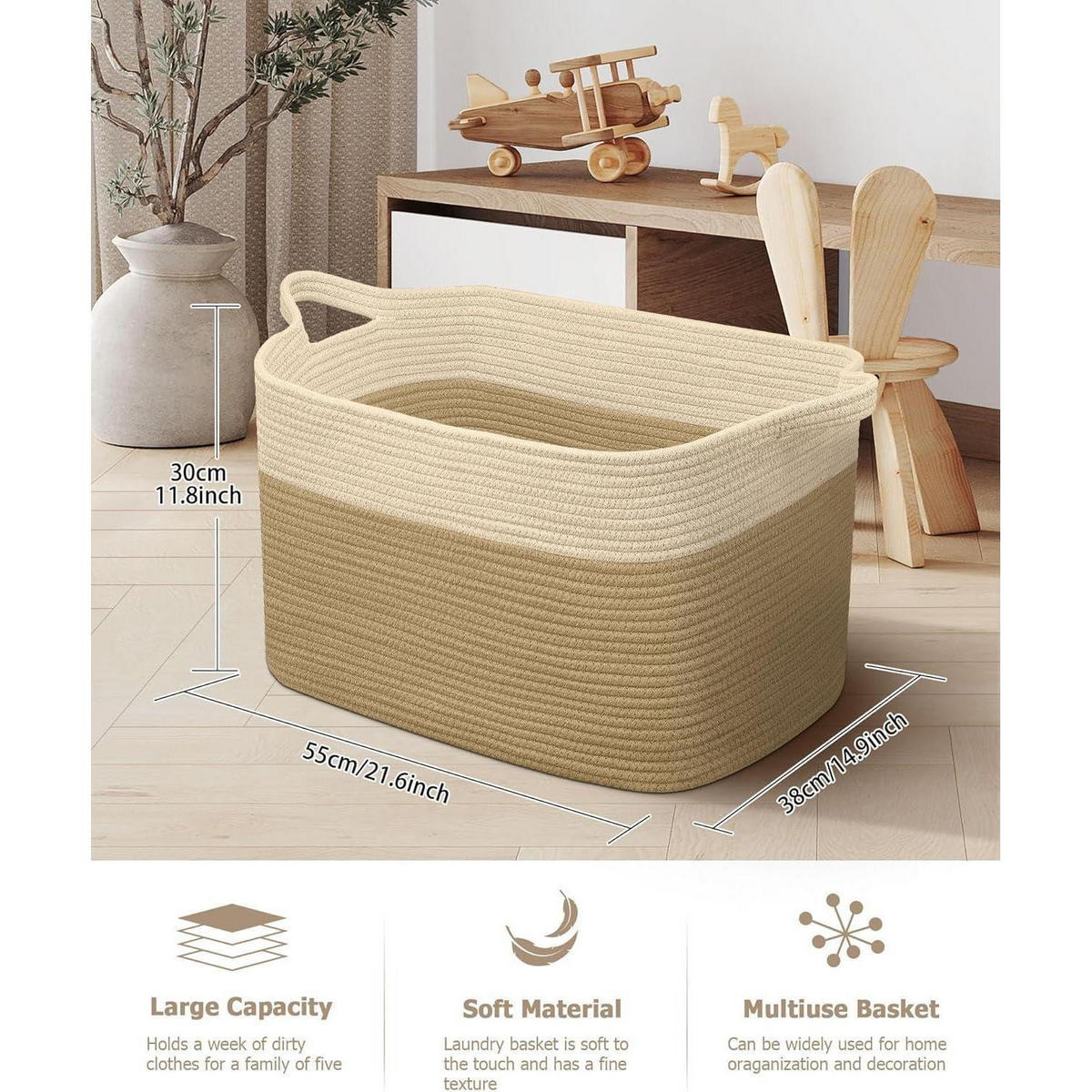 WÄSCHEKORB 2-teiliges Set Baumwolle 63L Jute & Weiß - Multicolor, Naturmaterialien (55/38/30cm)