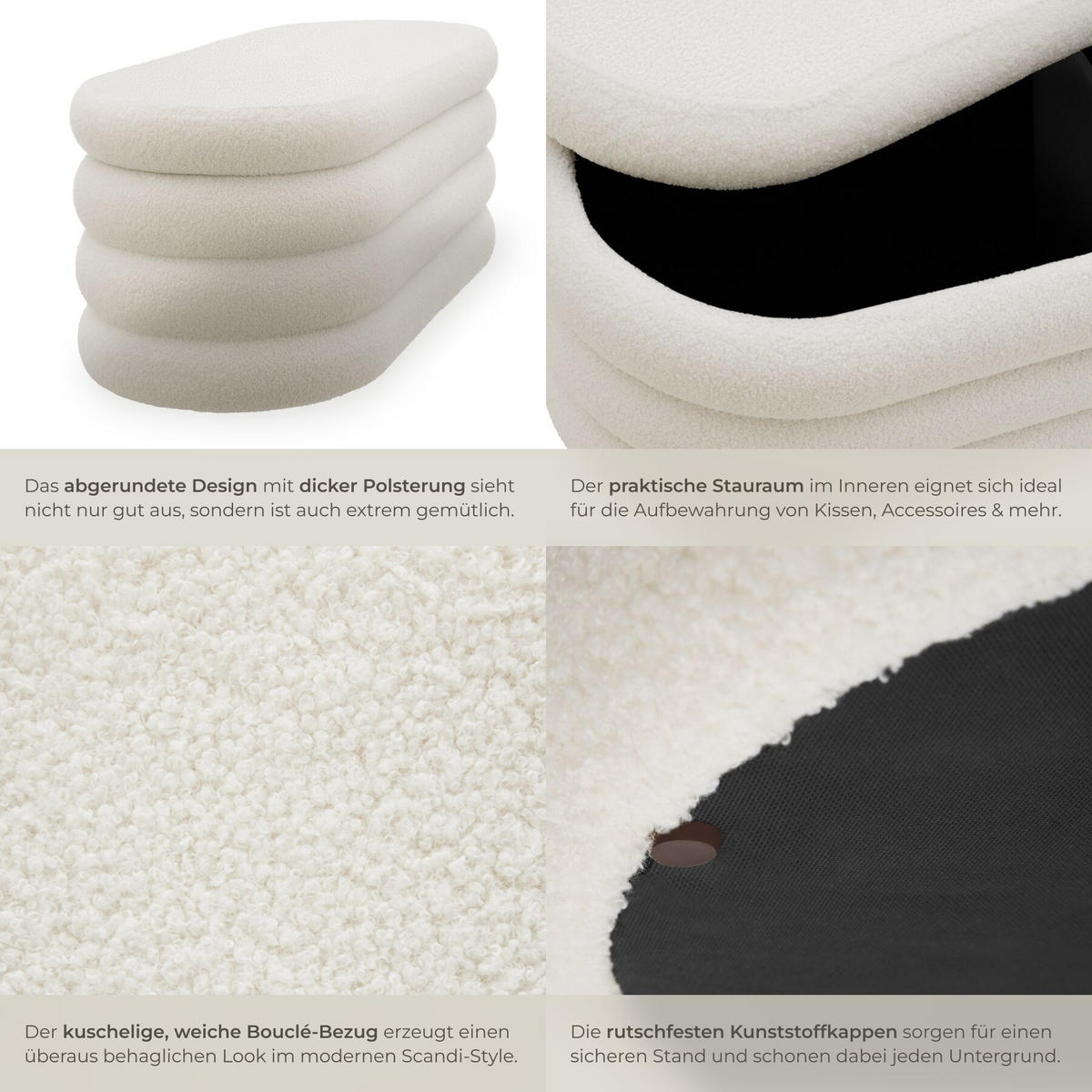 TRUHENBANK Altu,110 x 45 x 42 cm,Bouclé creme-weiß - Creme/Weiß, Holz (110/42/45cm) - tectake