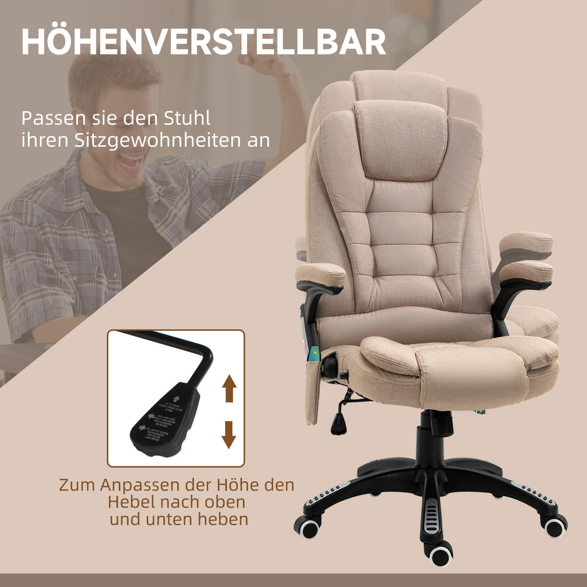 BÜROSTUHL mit Vibrationsmassage, Ergonomisch Schreibtischstuhl Höhenverstellbar - Schwarz/Braun, Kunststoff/Textil (74/116/67cm) - Vinsetto