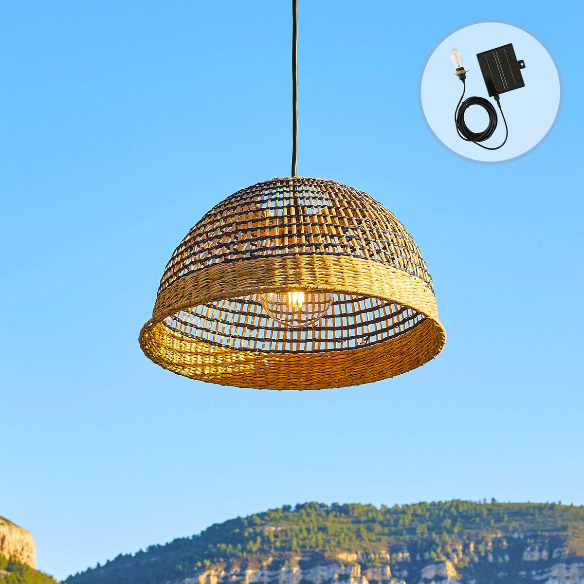 CESARE Solar-Pendelleuchte, 38 cm Durchmesser, 5 m Länge - Beige, Naturmaterialien (38/38/19cm) - Lumisky