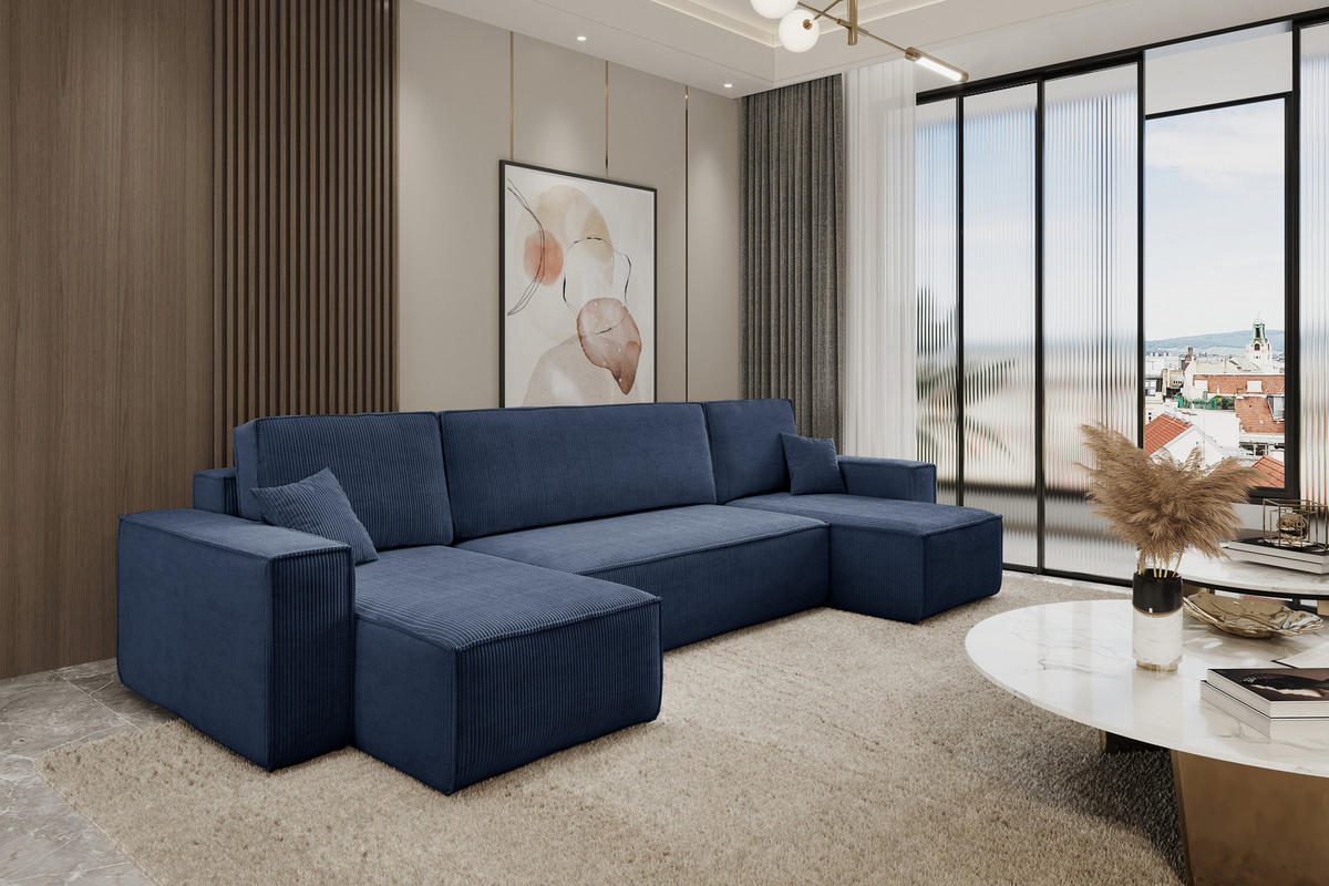 WOHNLANDSCHAFT Hugo U-Form Cordstoff mit Schlaffunktion und Bettkasten - Dunkelblau, Textil (312/83/142cm) - VENASI MÖBEL