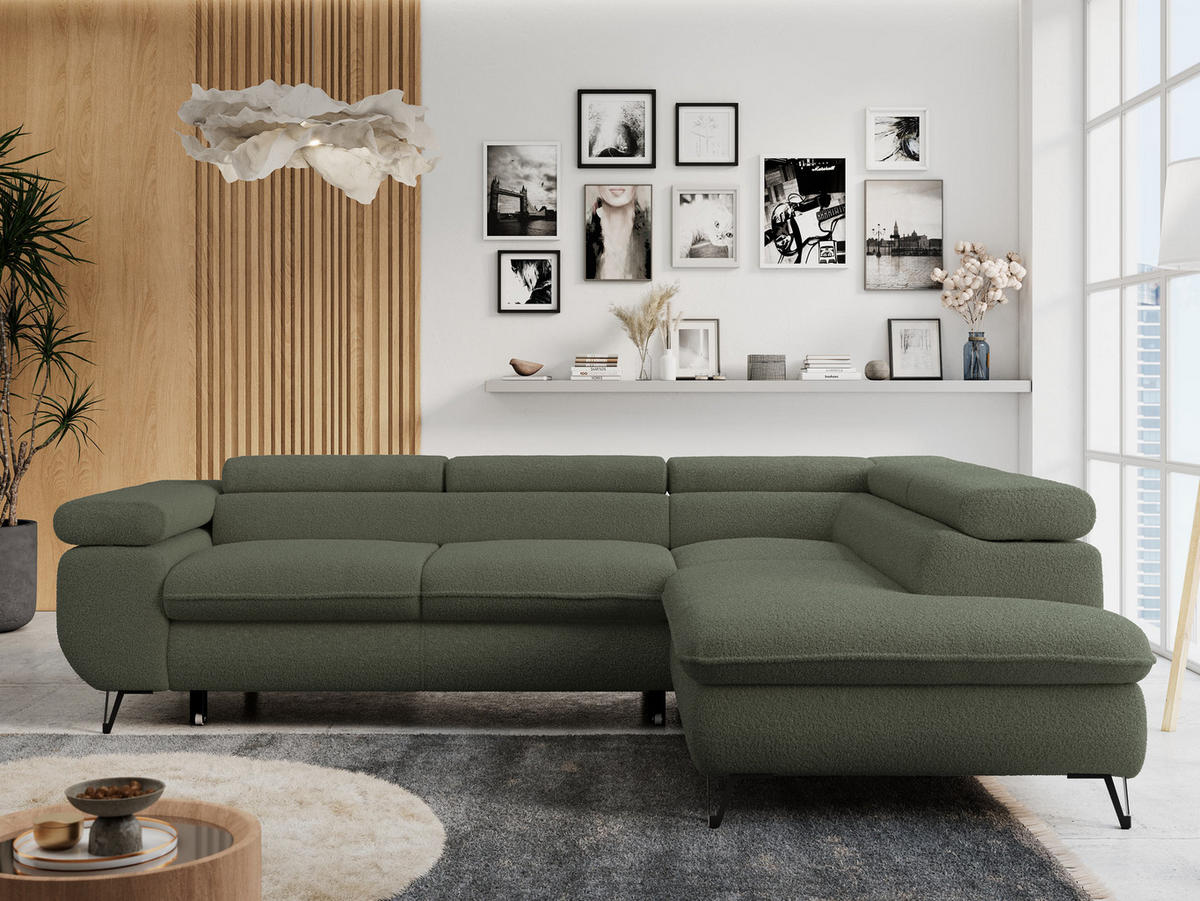 ECKSOFA PETER L Grün Boucle - Rechts Seite - Schwarz/Grün, Textil/Metall (273/208cm) - MKS