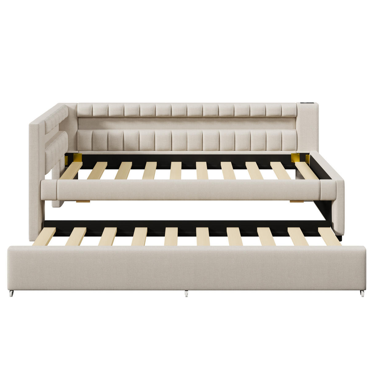 POLSTERBETT aus Leinen 90x200 cm in Beige mit Ausziehbett, LED & USB-Type-C - Beige, Textil (90/200cm) - Modfu