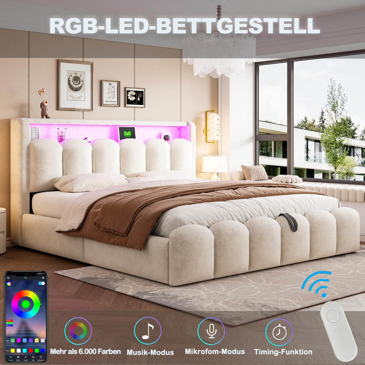 POLSTERBETT 180x200 Beige Samt LED Stauraum - Beige, Textil (180/200cm) - FLIEKS