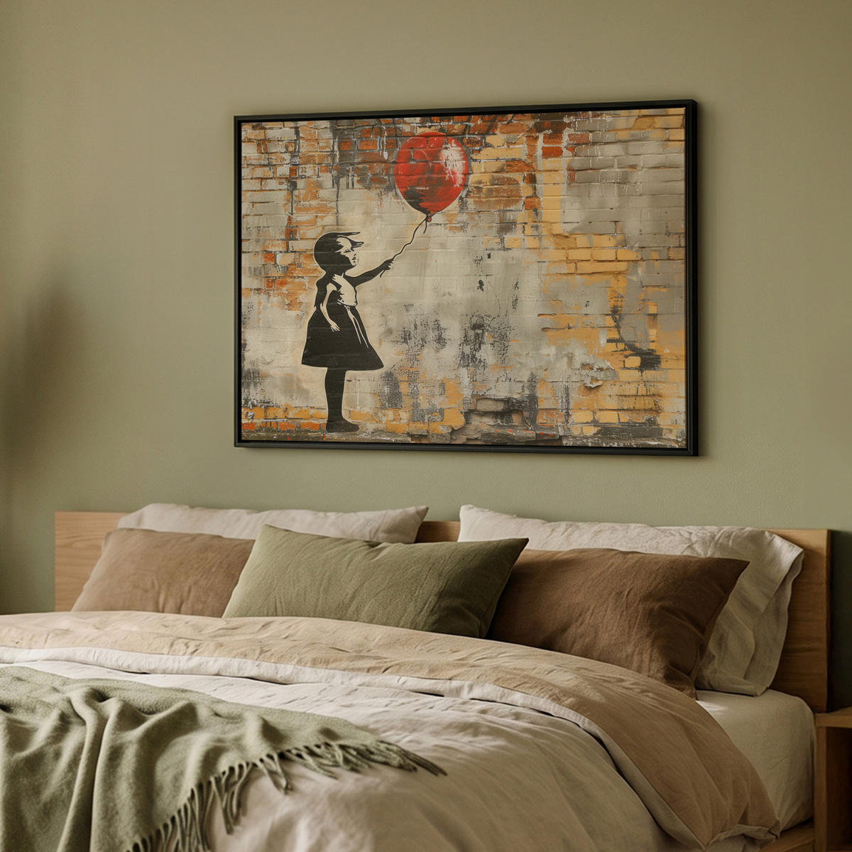 LEINWAND Bilder mit Rahmen - Graffiti - Banksy - Mädchen - Straßenkunst - 100x70 - Sandfarben, Textil (100/70cm) - MuchoWow