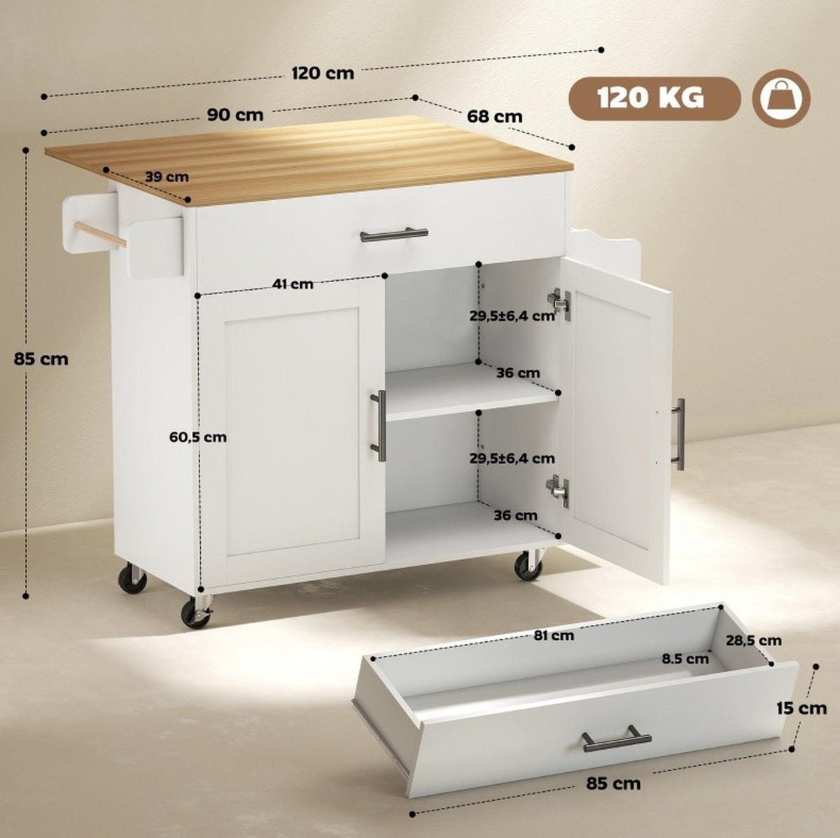 KÜCHENINSEL 120/68/85 cm weiß aus Holz mit klappbarer Arbeitsplatte - Weiß, Holz (120/85/68cm) - OKWISH