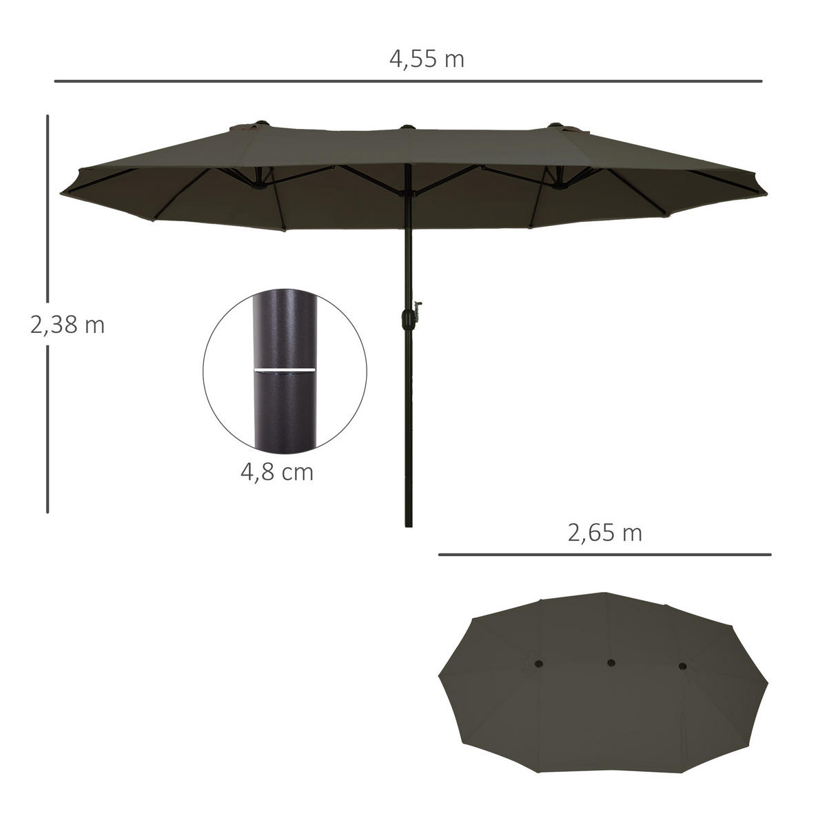SONNENSCHIRM, Gartenschirm, Marktschirm, Doppelsonnenschirm, Grau, Oval - Grau, Metall (270/460cm) - Outsunny