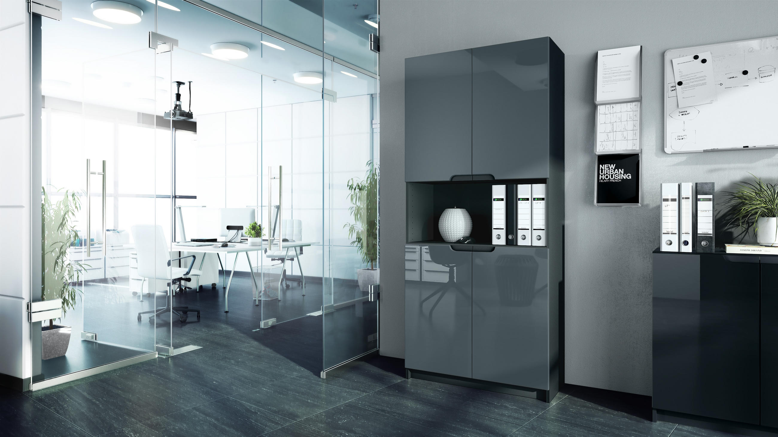 BÜROSCHRANK Logan Fronten in Grau Hochglanz - Grau, Holzwerkstoff (82/184/37cm) - Vladon