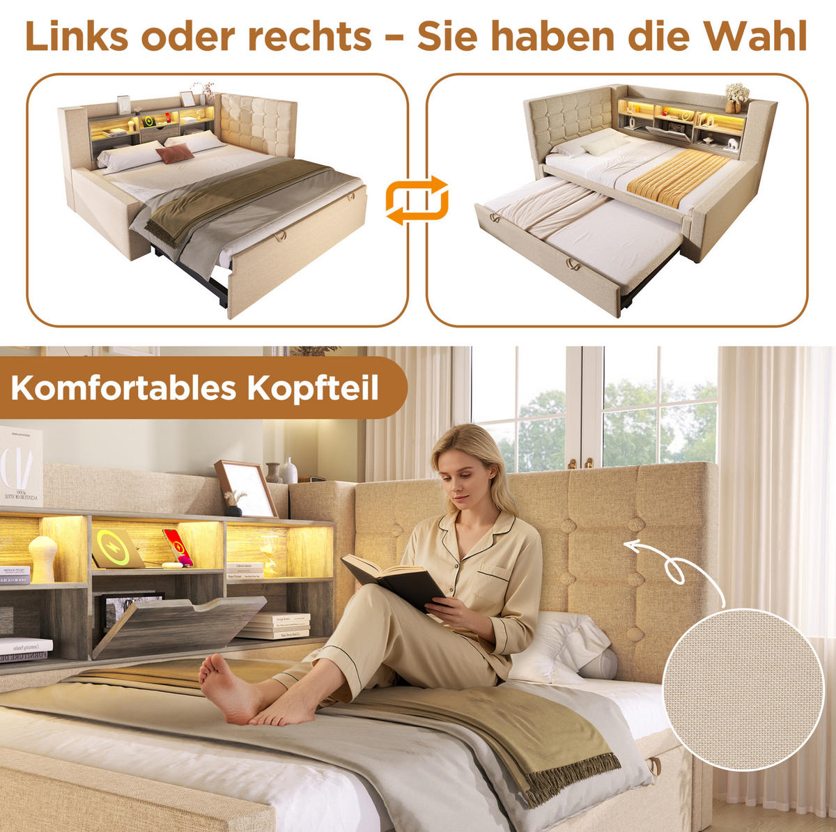 BETT mit Ausziehbett und Stauraum 90x200 cm Leinen Beige - Beige, Metall (90/200cm) - Meubliv