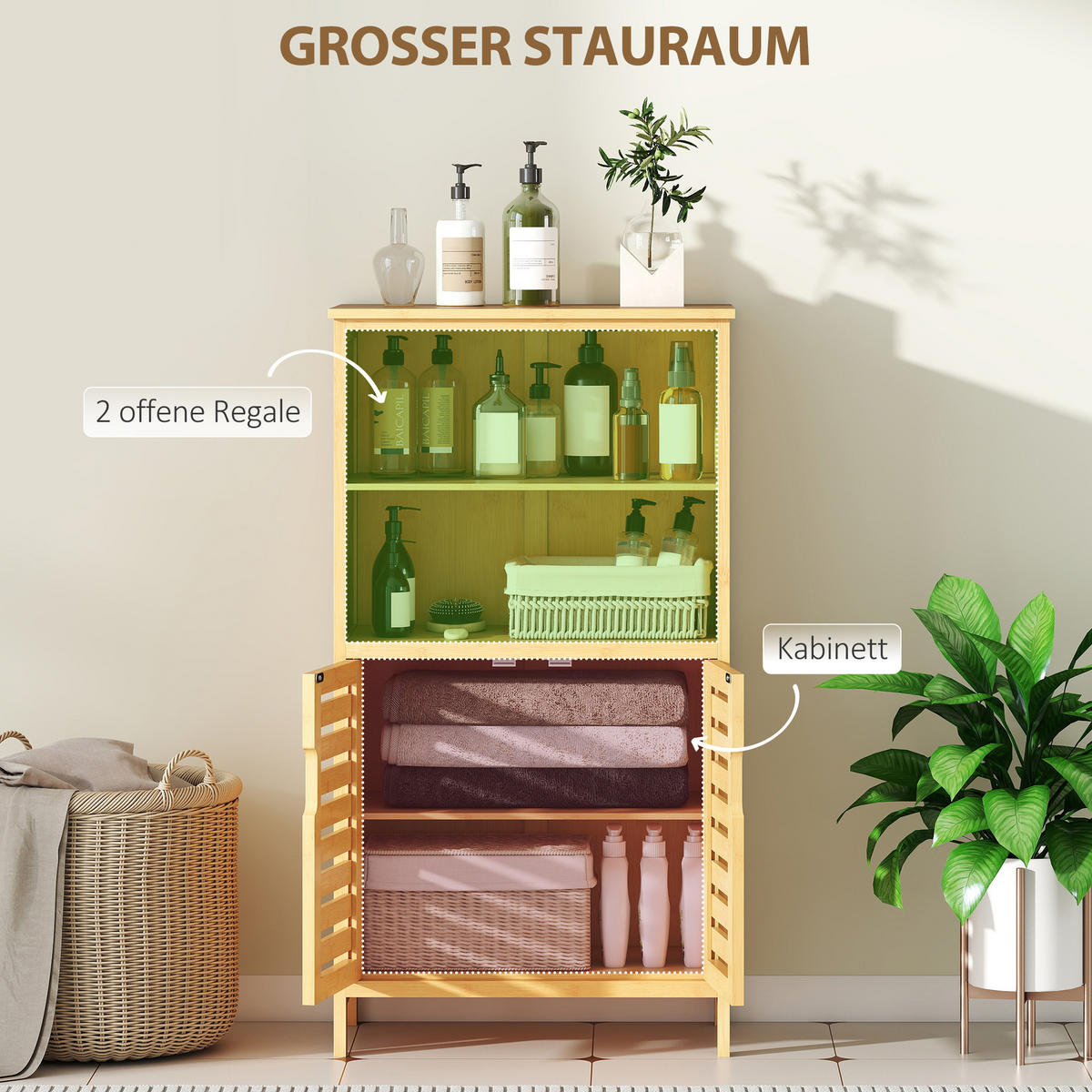 BADEZIMMERSCHRANK, Unterschrank aus Bambus, Badschrank mit Türen, Naturholz - Naturfarben, Holz (29/92/50cm) - Kleankin