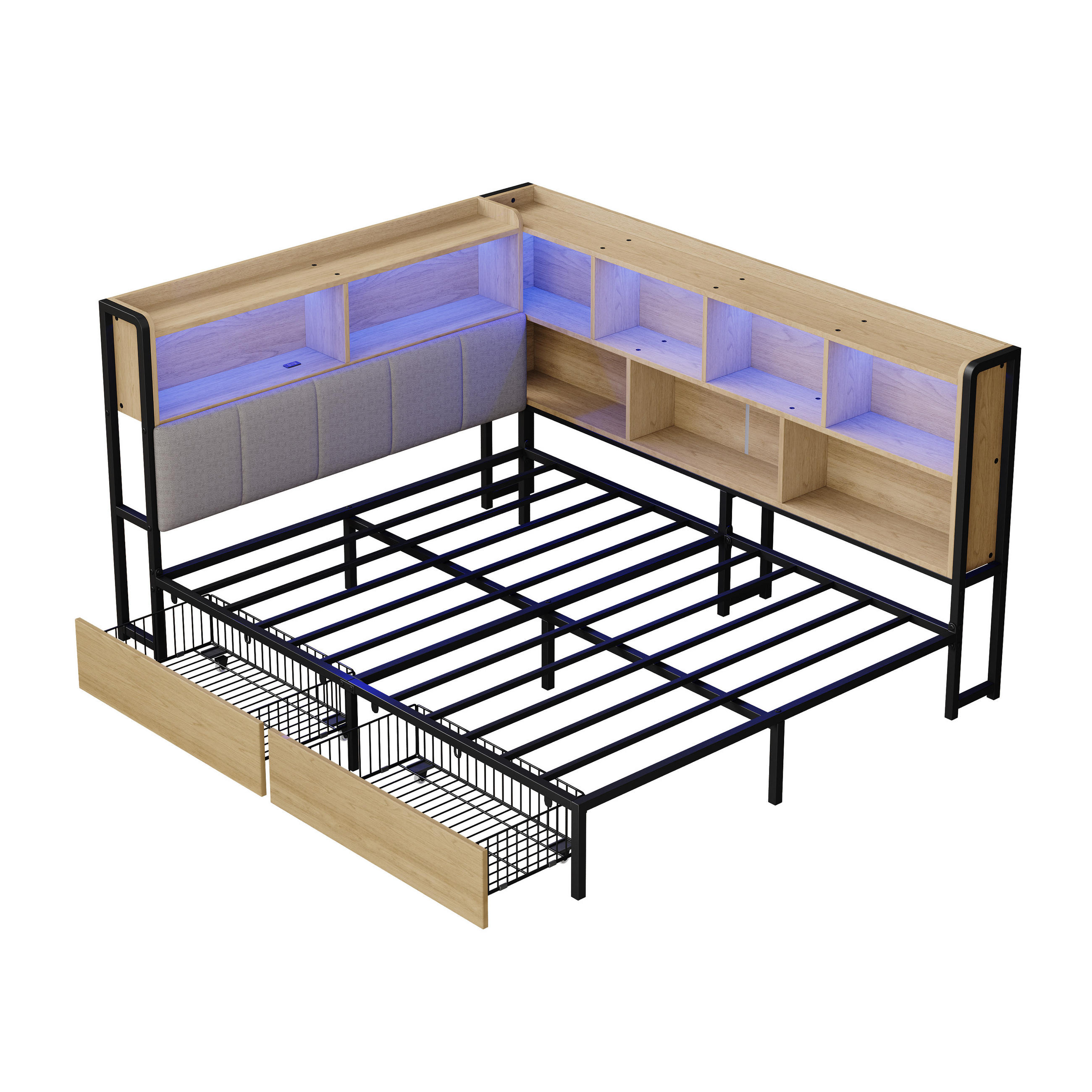 POLSTERBETT 140/200 cm in Natürlich mit 2 Schubladen, LED-Beleuchtung und USB-/Type-C-Ladeanschlüssen - Naturfarben, Metall (140/200cm) - Oxeza