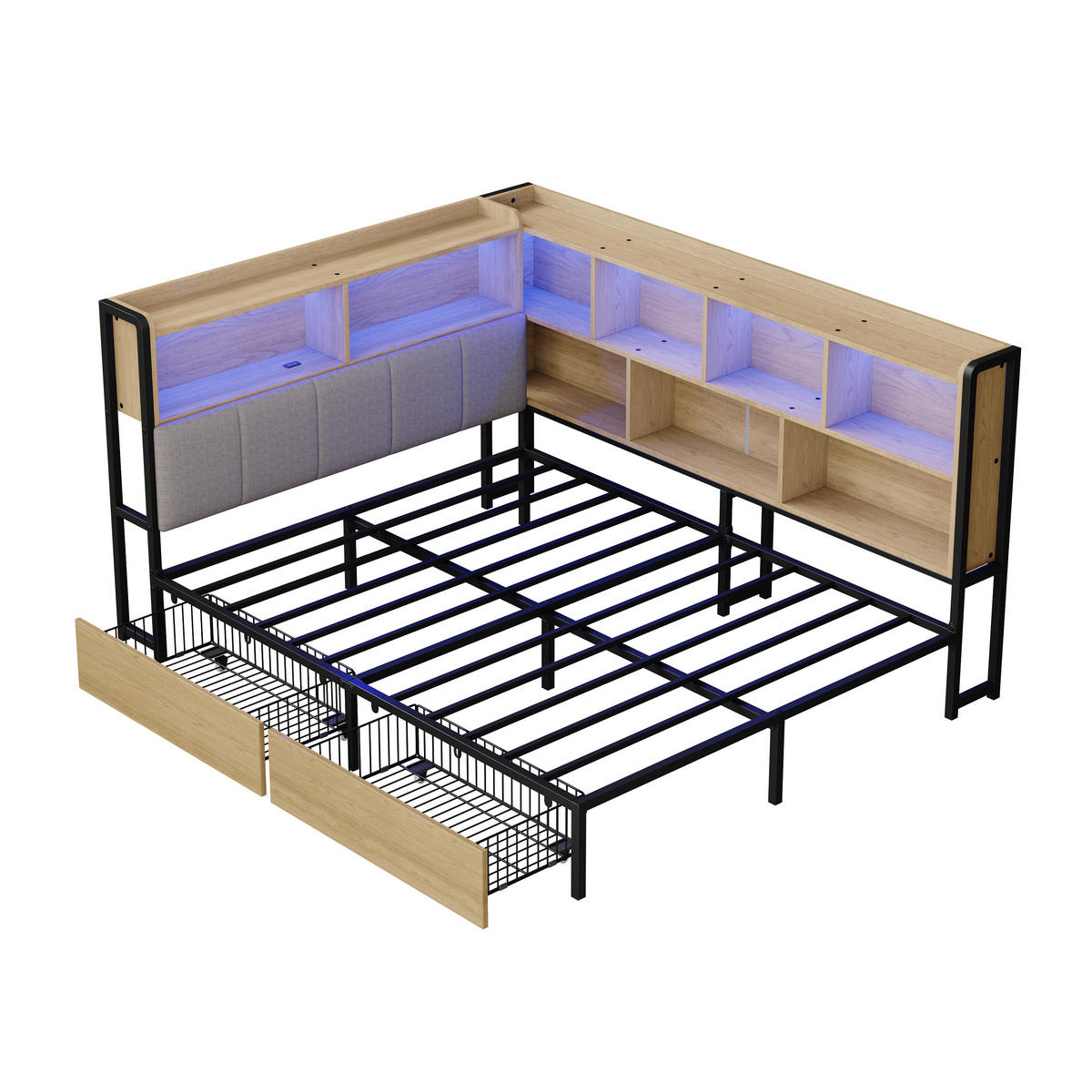 DAYBETT Natur 140x200 LED USB Type-C Schubladen Stauraum - Naturfarben, Metall (140/200cm) - FLIEKS