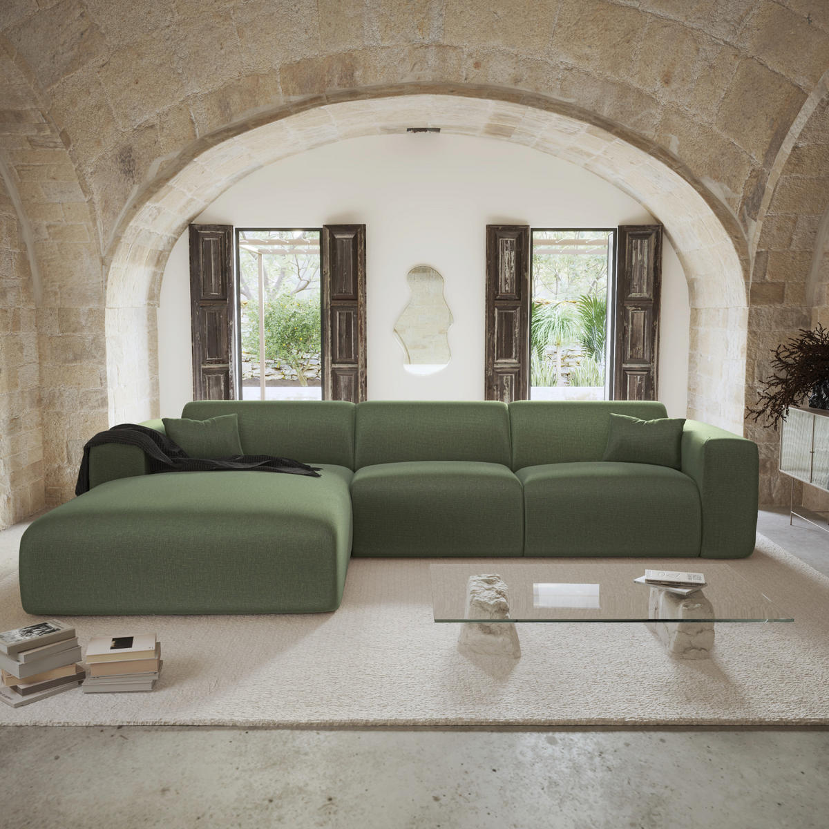 ECKSOFA LINKS SCHLAFSOFA Rastergewebe Olivgrün 280cm - Olivgrün, Textil (165/280cm) - Sia Home
