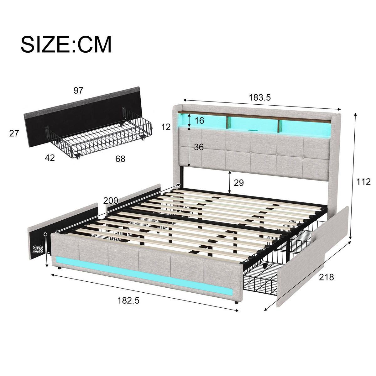 POLSTERBETT 180x200 cm LED USB Schubladen Stauraum beige - Beige, Holz (180/200cm) - LEBENLANG