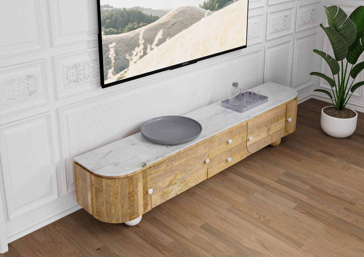 TV-BOARD Mango 220x40x50 natur lackiert / Marmor weiß FLORENZ #102 - Naturfarben, Holz (220/50/40cm) - Massivmoebel24