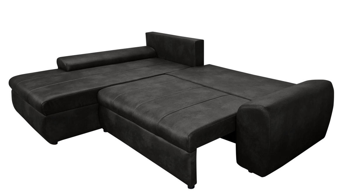 ECKSOFA mit Schlaffunktion, Bettkasten, Wellenunterfederung, Ottomane links B266/T186/H90 cm, Mikrofaser Leder-Optik Vintage Schwarz / 18016 - Schwarz, Kunststoff/Textil (266/186cm) - luma-home
