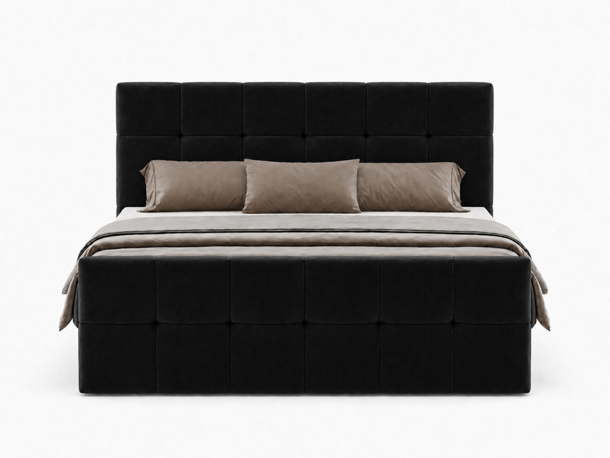 BOXBETT AUREN FRONT 160x200 cm Komplett-Set mit Bonell-Matratze, Topper und Bettkasten, Samt Schwarz - Schwarz, Textil (160/200cm) - Luxkor24