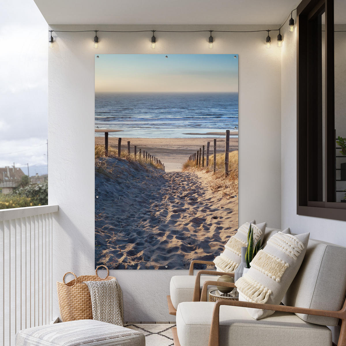 ZAHRADNÍ PLAKÁT Pláž - moře - Nizozemsko - duny - slunce 120x180 cm - písková barva, plast (120/180/0.2cm) - OnlyWow