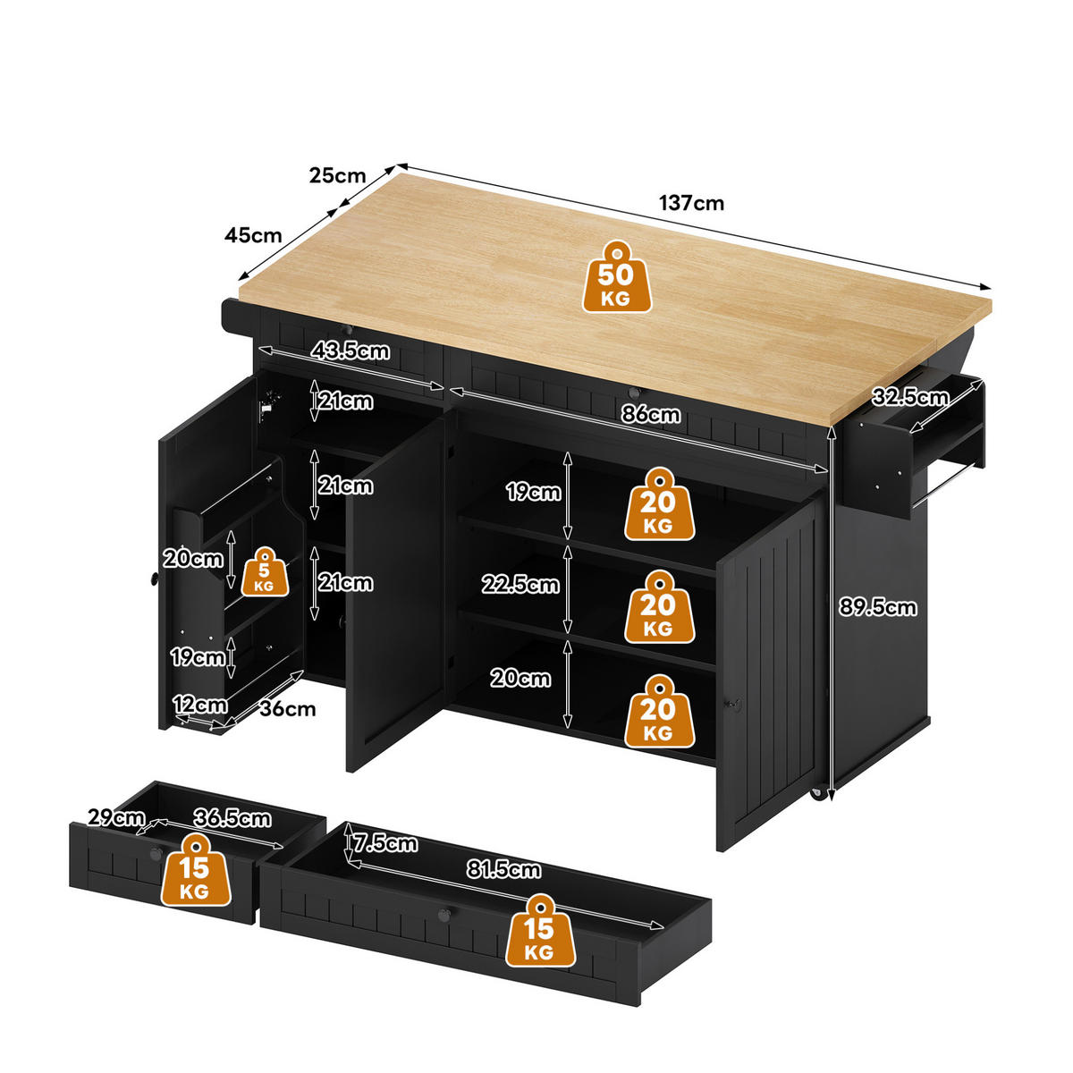KÜCHENINSEL 137/89,5/45 cm Natur/Schwarz aus MDF mit klappbarer Arbeitsplatte - Naturfarben, Holzwerkstoff (70/89.5/137cm) - OKMYHOME
