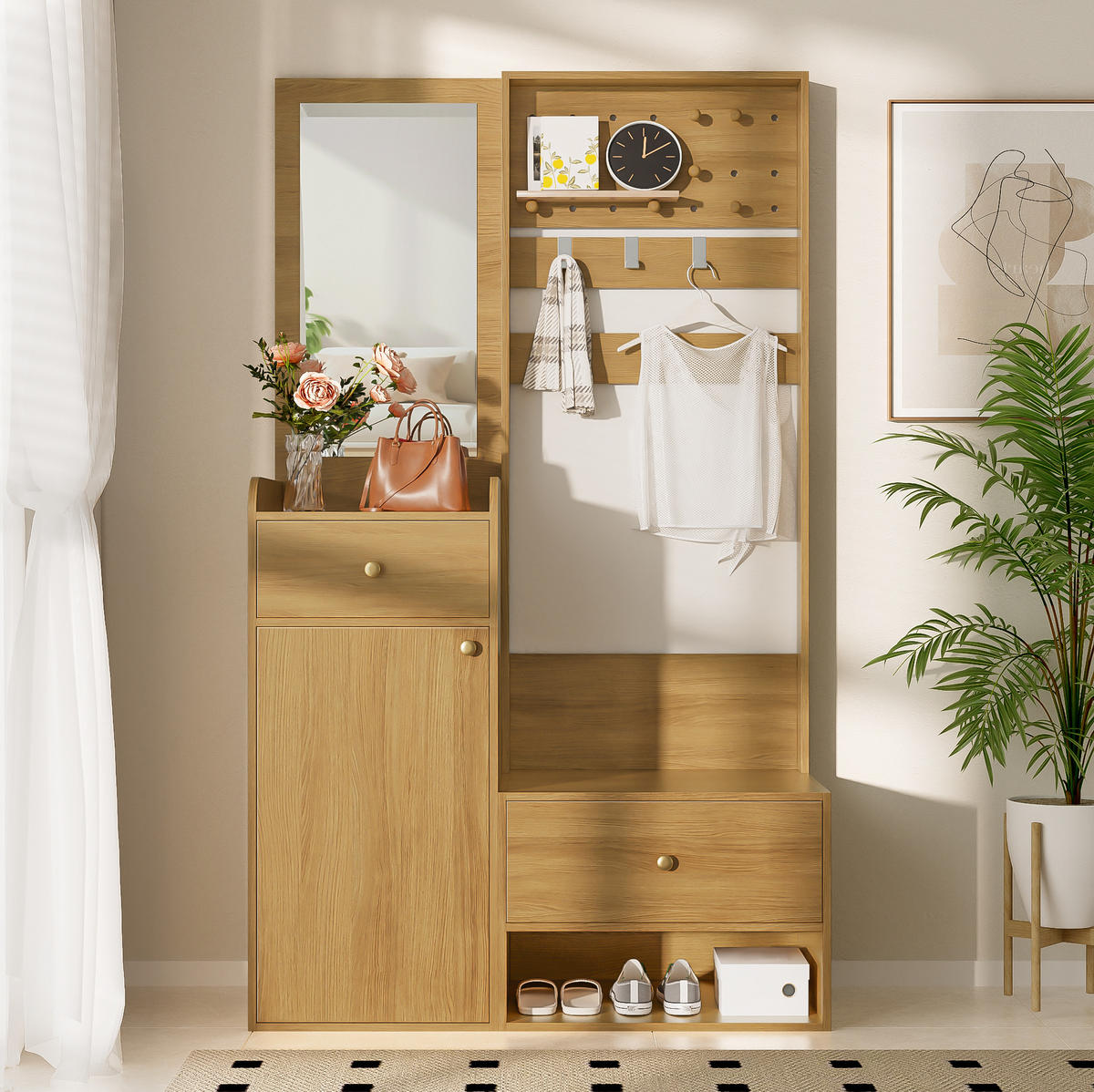 OMARA za oblačila 105/38/180 cm z ogledalom, 2 predaloma, zaprtim prostorom in odprto polico, Wood - naravne barve, leseni material (38/180/105cm) - Redom