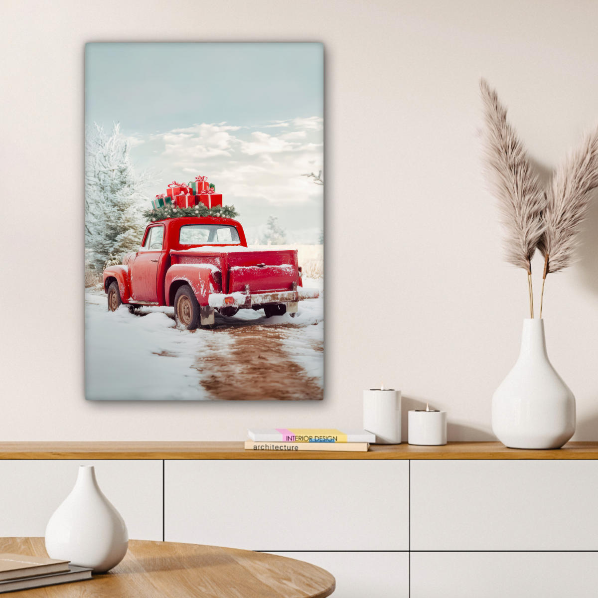 LEINWANDBILD Auto - Rot - Geschenke - Winter - Schnee - Weihnachten 40x60 cm - Rot, Textil (40/60cm) - MuchoWow