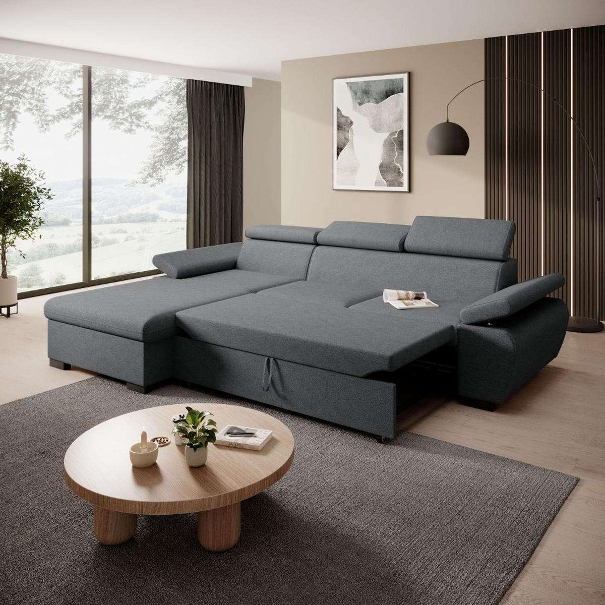 ECKSCHLAFSOFA Coco mit verstellbare Kopfstützen, dunkelgrau, links - Dunkelgrau, Textil (273/191cm) - Beautysofa