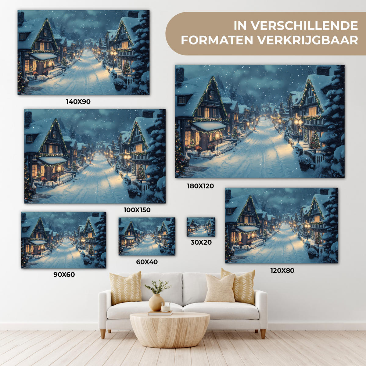 LEINWANDBILD Weihnachtsdorf - Weihnachten - Schnee - Winter Wohnzimmer Groß 120x80 cm - Dunkelblau, Textil (120/80cm) - MuchoWow